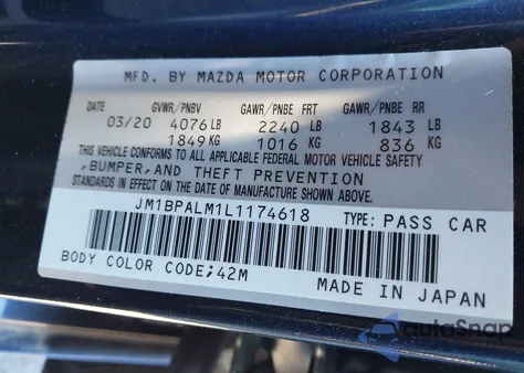 2020 Mazda Mazda3 z USA, uszkodzony, nr VIN JM1BPALM1L1174618